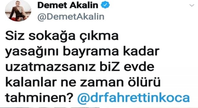 Demet Akalın, sokağa çıkma yasağıyla ilgili Fahrettin Koca'ya tepki gösterdiği paylaşımını sildi