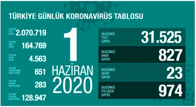 Türkiye'de 1 Haziran günü koronavirüsten ölenlerin sayısı 23 oldu, 827 yeni vaka tespit edildi