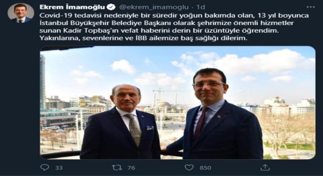 Ekrem İmamoğlu'ndan dikkat çeken Topbaş paylaşımı: Ailemize başsağlığı dilerim