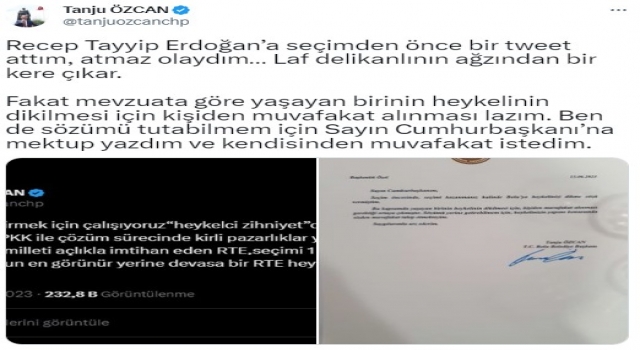Bolu Belediye Başkanı Tanju Özcan, Cumhurbaşkanı Erdoğan'ın heykelini dikmek için mektup yazdı